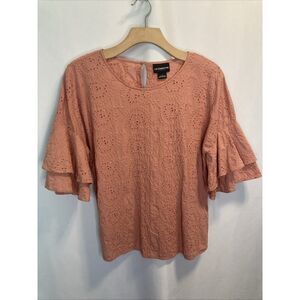 Liz Claiborne Boho Babydoll Top L Peach Womens Eyelet 3/4 Bell Sleeve Cotton